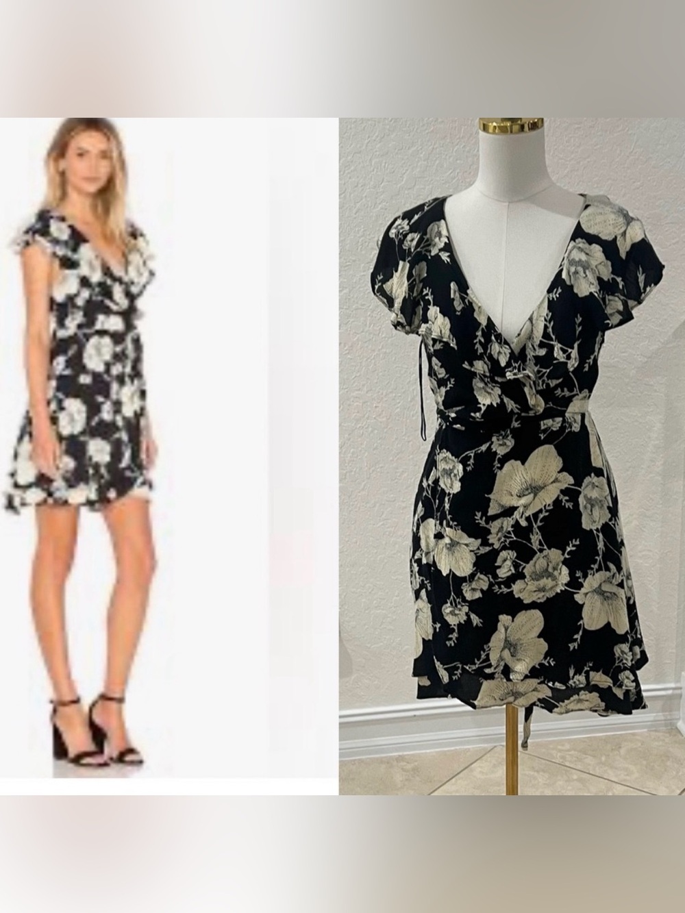 Free People Black Cream Floral V-Neck Ruffle Short Sleeve Wrap Mini Dress